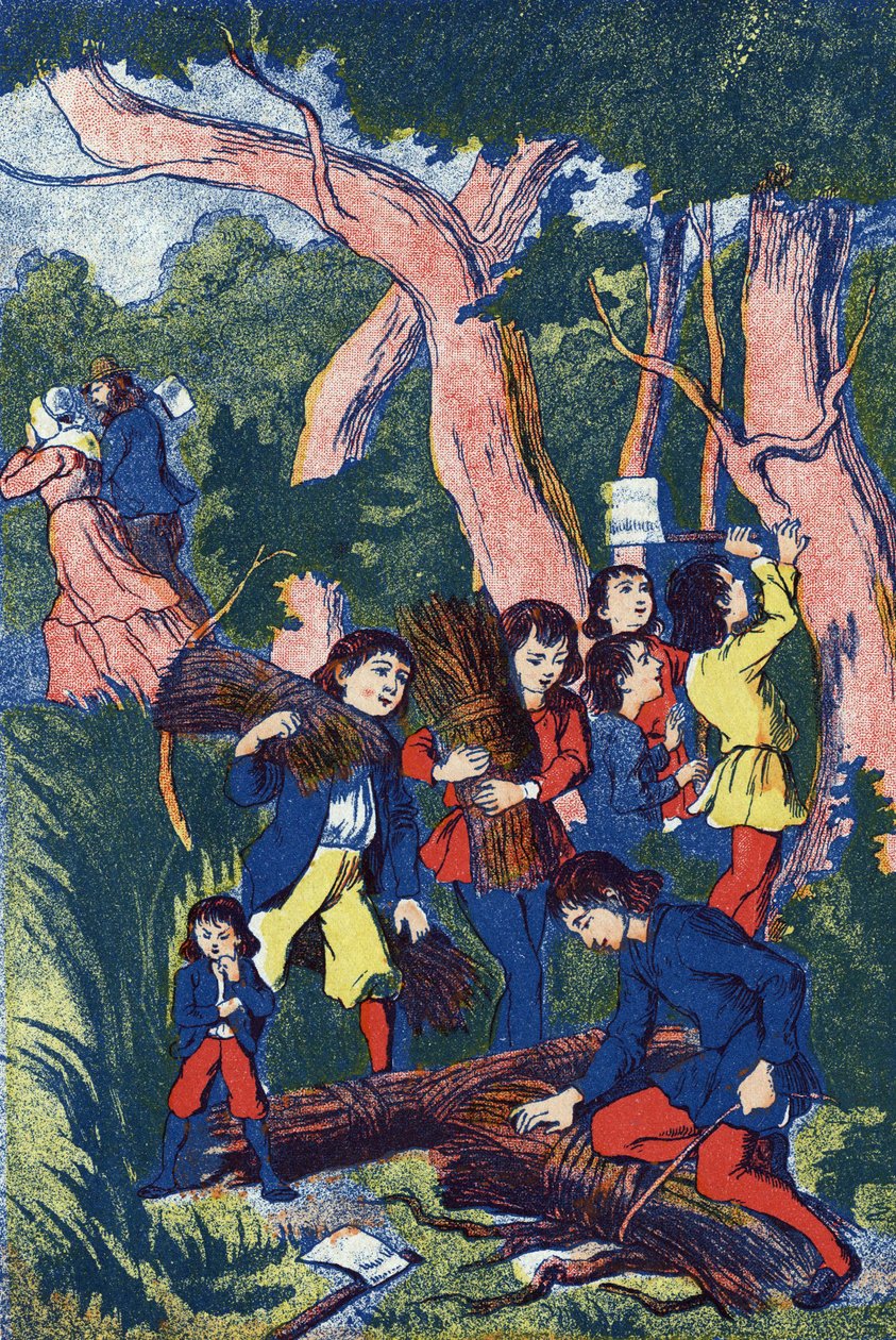 Skogshuggarna överger sina barn, Illustration för "" Le Pepetit poucet"", berättelse av Charles Perrault (1628-1703), fransk författare. Anonym illustration. Bildmaterial Marcel Vagne, Jarville Nancy, odaterat (slutet av 1800-talet). av Unknown artist
