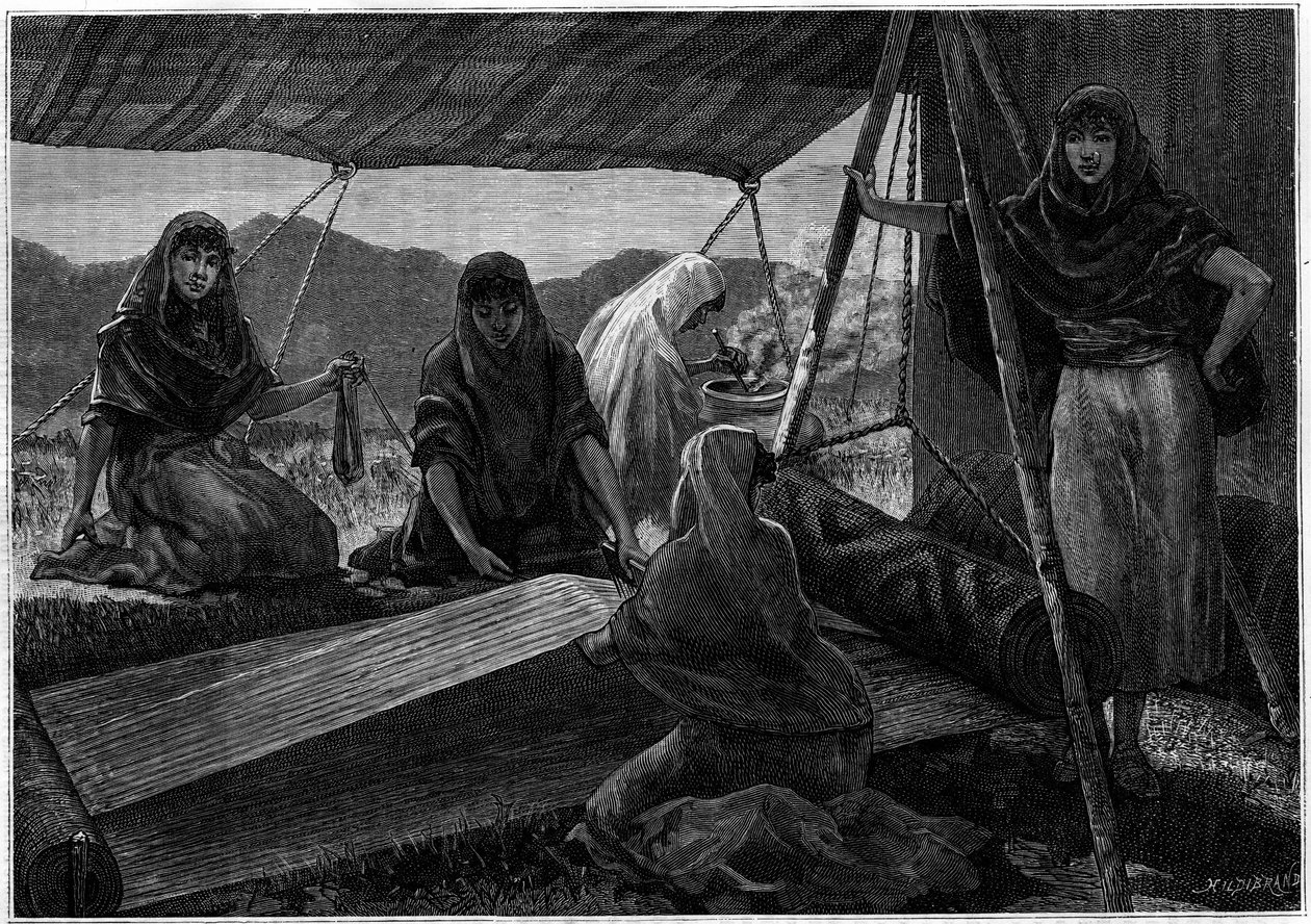 Tillverkning av mattor av nomadkvinnor i Persien. Gravyr i journalen "" La jeunesse"" av Unknown artist