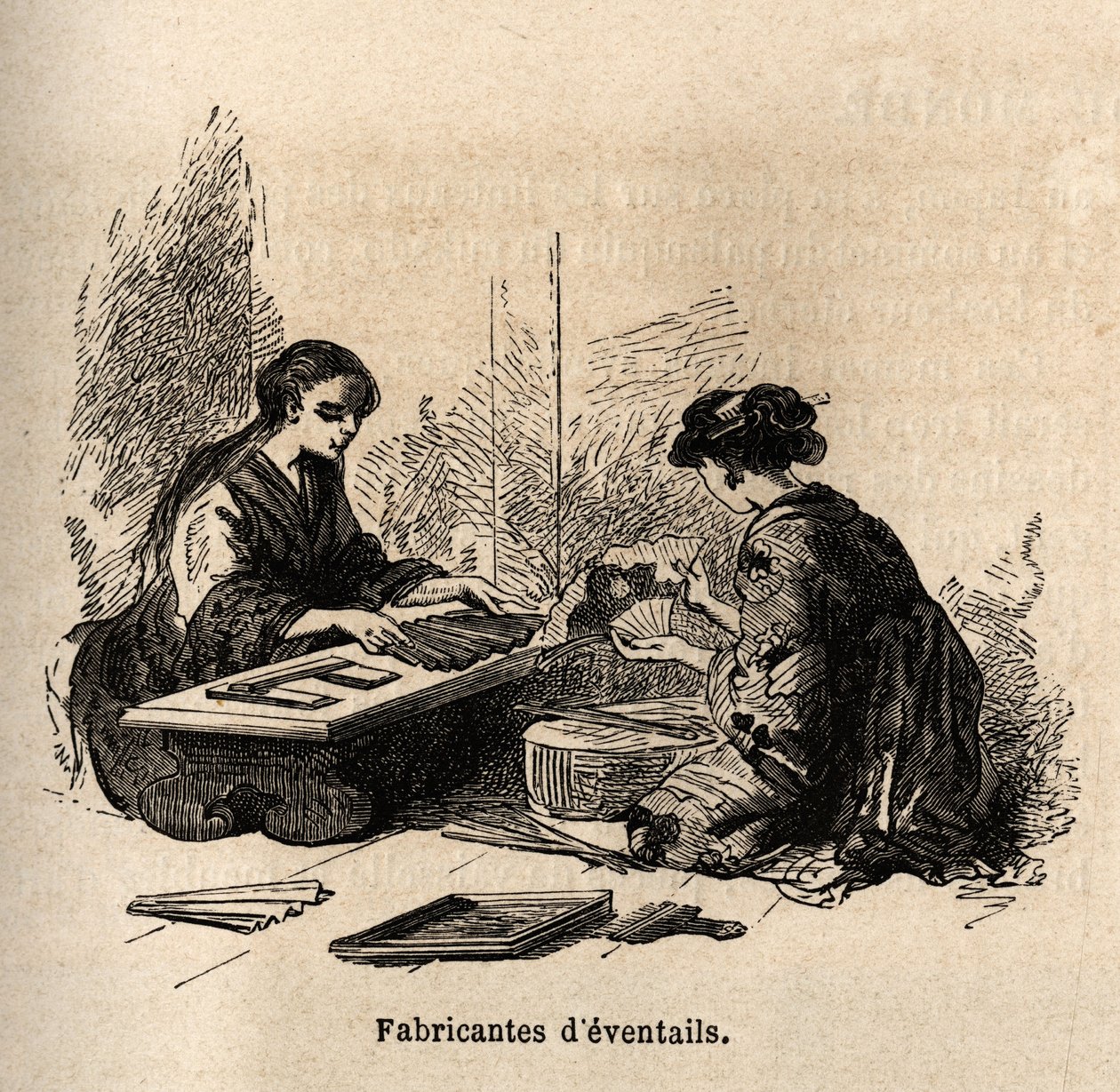 Tillverkning av eventtails. Gravyr för att illustrera resan till Japan 1863-1864, av Aime Humbert, minister för Schweiziska edsförbundet, i "Le tour du monde, nouveau journal des voyages", publicerad under ledning av Edouard Charton av Unknown artist