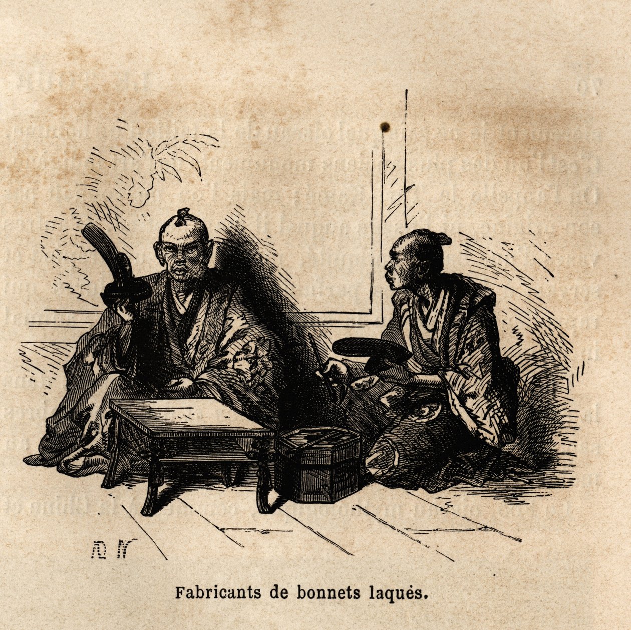 Tillverkaren av lackade koppar. Gravyr för att illustrera resan till Japan 1863-1864, av Aime Humbert, minister för Schweiziska edsförbundet, i "Le tour du monde, nouveau journal des voyages", publicerad under ledning av Edouard Charton av Unknown artist