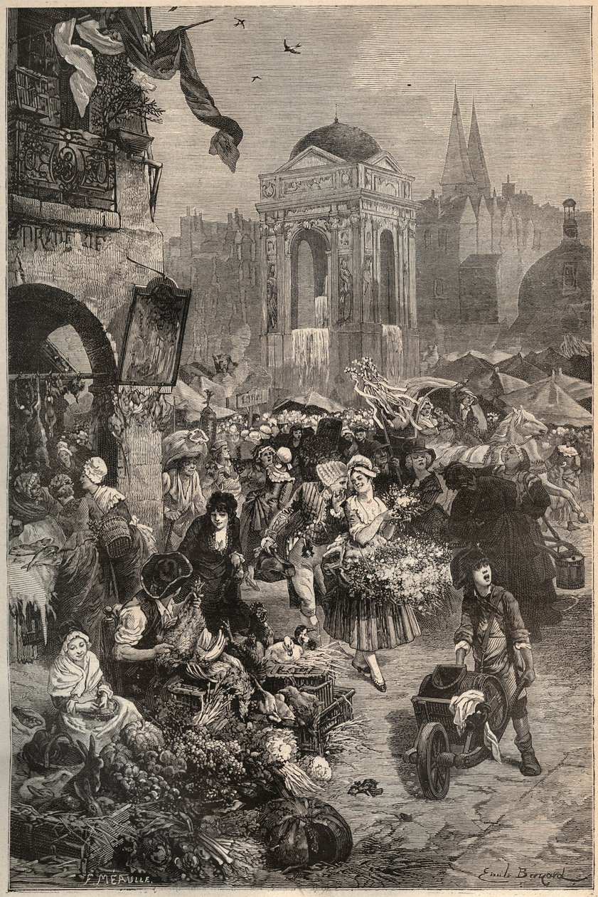 De oskyldigas marsch och fontän, Paris på 1700-talet - gravyr från 1800-talet av Unknown artist