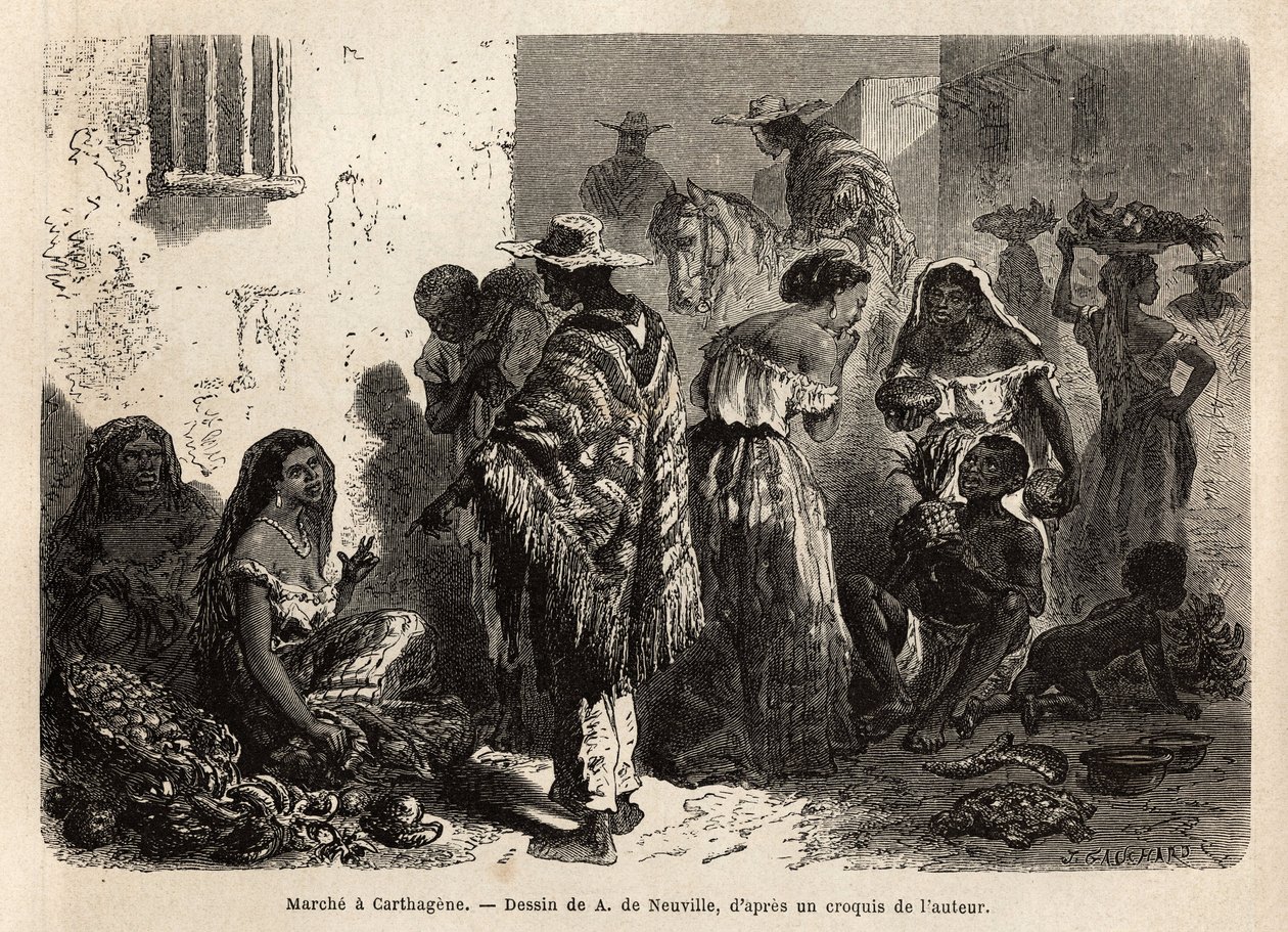 Marschen i Cartagena (Colombia), i stadens förorter, som främst besöks av svarta, metis och indianer. Gravyr för att illustrera resan till New Granada, av Dr. Saffray, 1869, publicerad i "" Le tour du monde""" 1872, redigerad av Edouard Charton, av Unknown artist