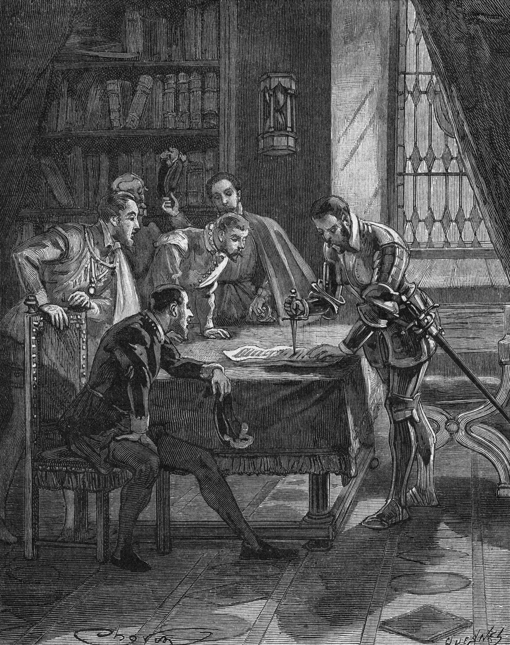 Marechalen av Vieilleville planterar sin dolk i ett patent genom vilket kungen av Frankrike Henrik II (1519-1559) gav honom och de fem herrarna som var närvarande i rummet rätten till konfiskering av alla lånehajar och lutherianer i Guienne, Limousin, Quer av Unknown artist