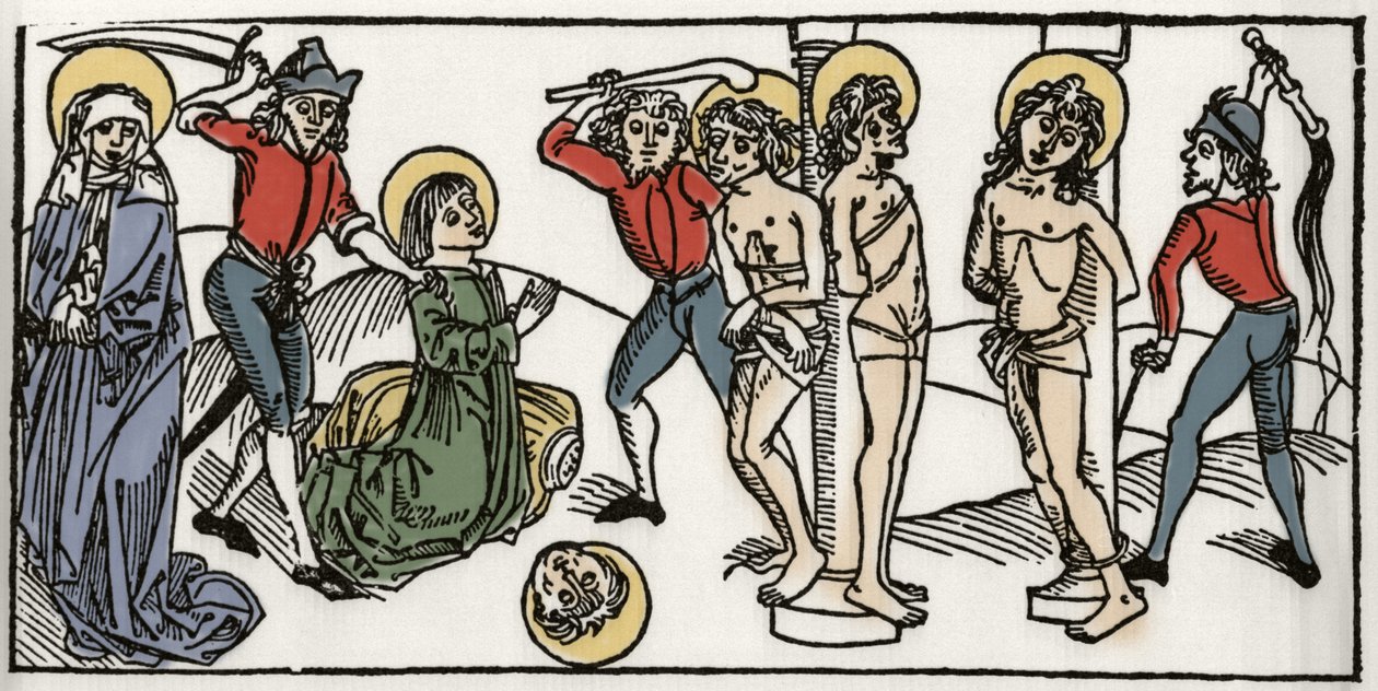 Saint Felicites och hans sju söners martyrskap Gravyr från "Leben der Heiligen - sommerteil" (Helgonets bok) av Jacobus (James) av Voragine (1228-1298). Lübeck 1488. av Unknown artist