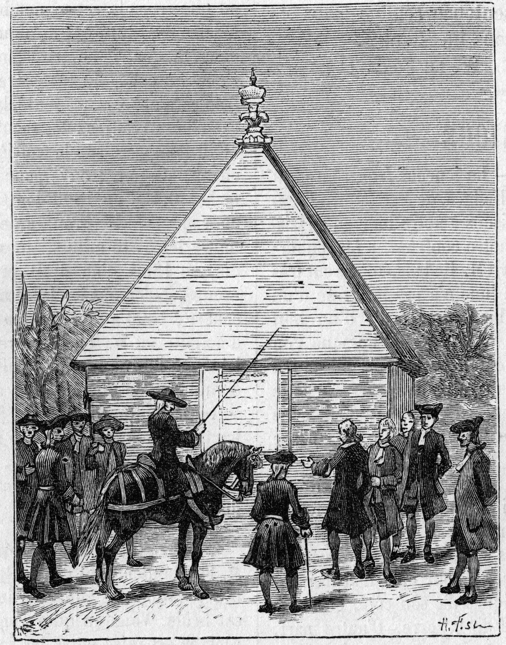 Måttet på graden av Ecuador på 1700-talet: pyramiden i Carabourou, Peru, upphöjd av La Condamine 1736. Gravyr i "" La Nature: revue des sciences et de leurs applications aux arts et a l