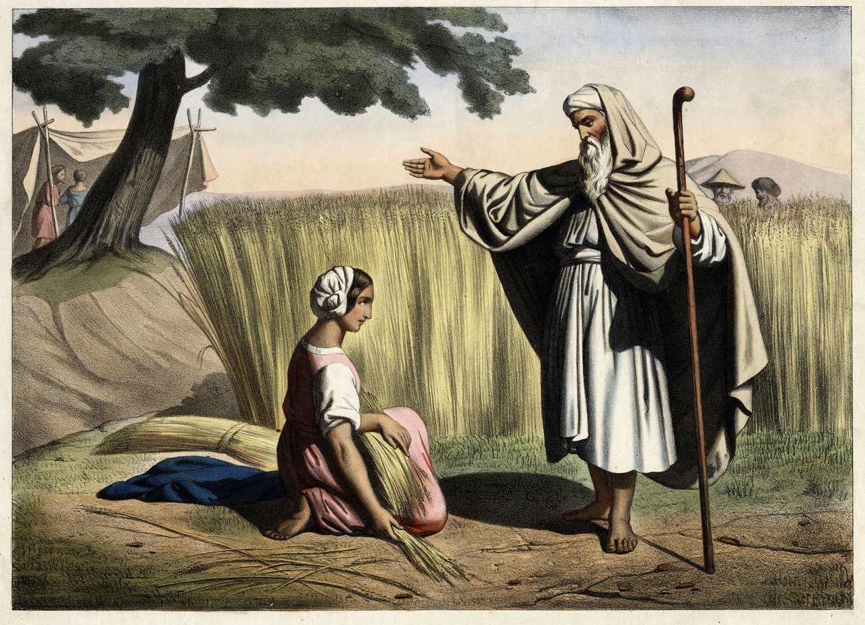 Mötet mellan Rut och Boas (Booz), farföräldrar till kungen av Israel David (1000-972 f.Kr.). Anonym gravyr från mitten av 1800-talet. av Unknown artist