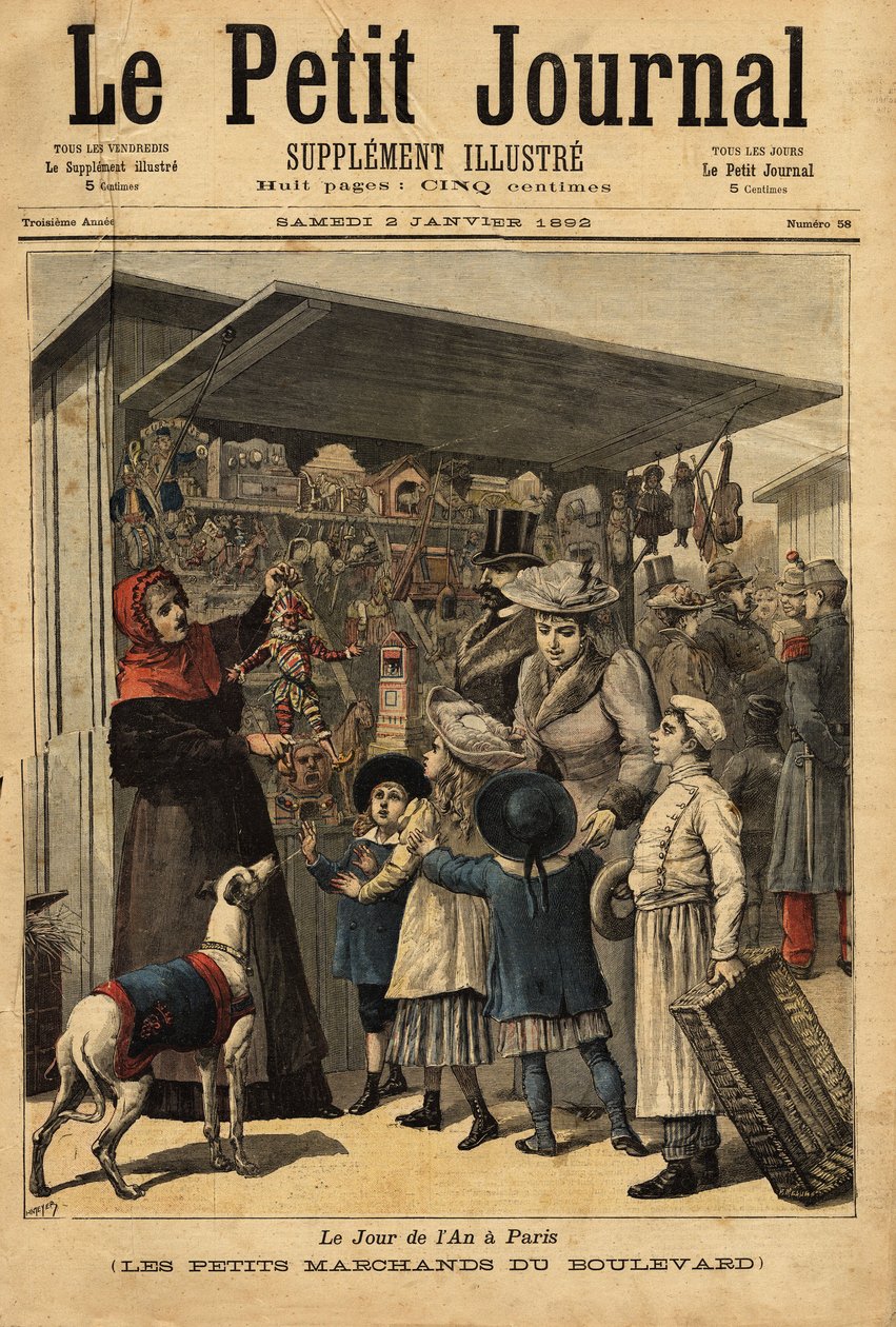 Köpmännen och deras boulevard visas på årets dag i Paris. Gravyr i "" Le petit journal"" 1892-01-02. Selvas samling. av Unknown artist