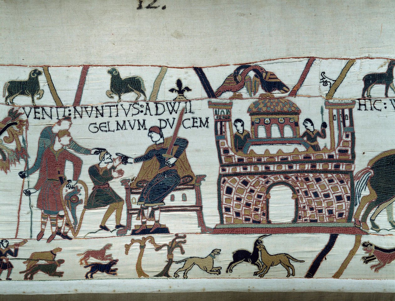 Budbärarna till kungen av Normandie Vilhelm Erövraren (1027-1087) informerade honom om att Harold, som kom från England på uppdrag av kung Edward Bekännaren av England, togs till fånga av greve Guy de Ponthieu. Detail of the Tapestry of Bayeux eller Emb av Unknown artist