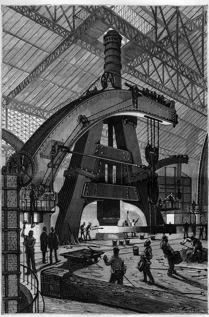 Metallindustrin: Smedjan. Creusot-ånghammaren (trummishammaren) installerad i Schneiders och Compagnie-fabrikerna. Gravyr i "" La Nature"" av Unknown artist