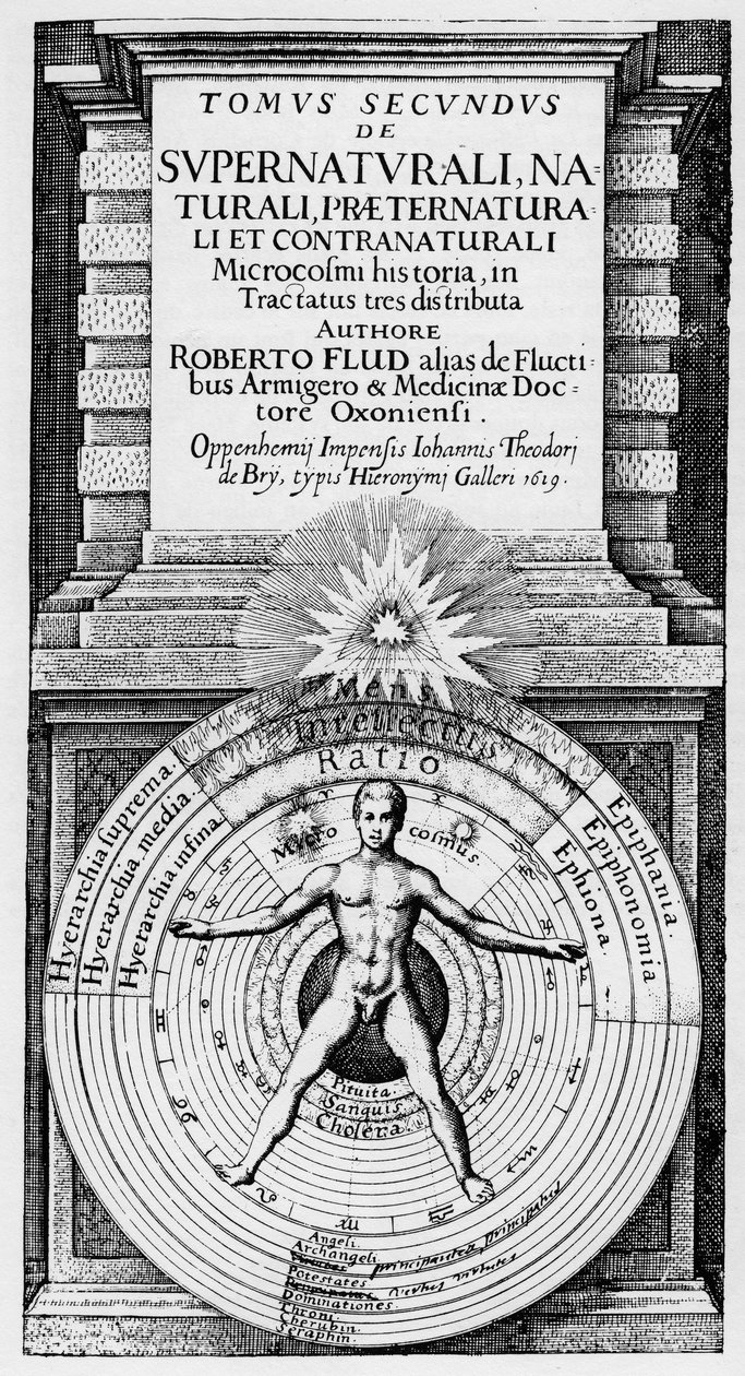 Mikrokosmos och makrokosmos - Allegorisk representation av människans position i universum (man av vitruva): förhållandet mellan människan (mikrokosmos) med makrokosmos symboliserar av sfärerna av solen, månen och planeterna, olika temperament och t. av Unknown artist