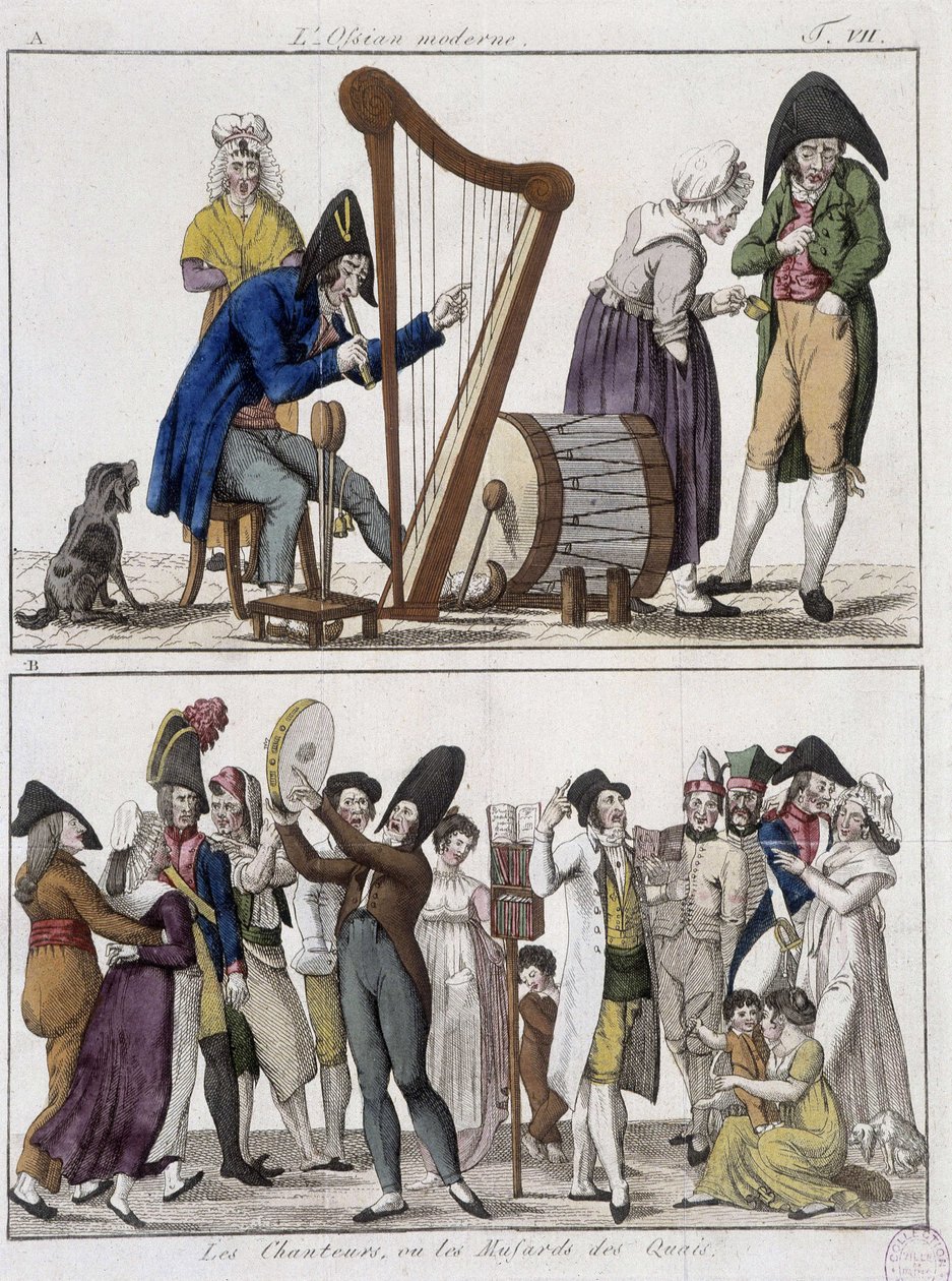The modern Ossian (man orchestra) och "" The Singer or the Musards of the Docks""" (Musicians of the streets) - bild av Epinal av Unknown artist