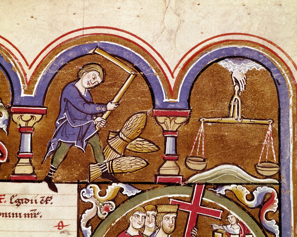 September månad, jordbruksarbete, skörd, vetetröskning med en blomma Detalj av en manuskriptsida hämtad från "" The Psalter of Saint Elizabeth"" Cividale från 1200-talet, Museo Archeologico av Unknown artist