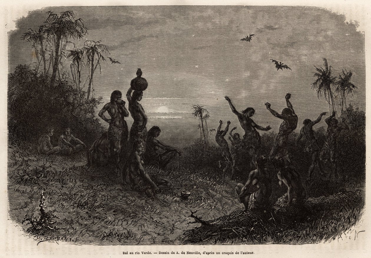 Månskensbalen, som avslutar 18-årsjubileumsceremonin och bröllopet för en ung indisk man från Rio Verde (Brasilien). Gravyr för att illustrera resan till Nya Granada, av Dr. Saffray, 1869, publicerad i "" Le tour du monde""" 1873, redigerad av av Unknown artist