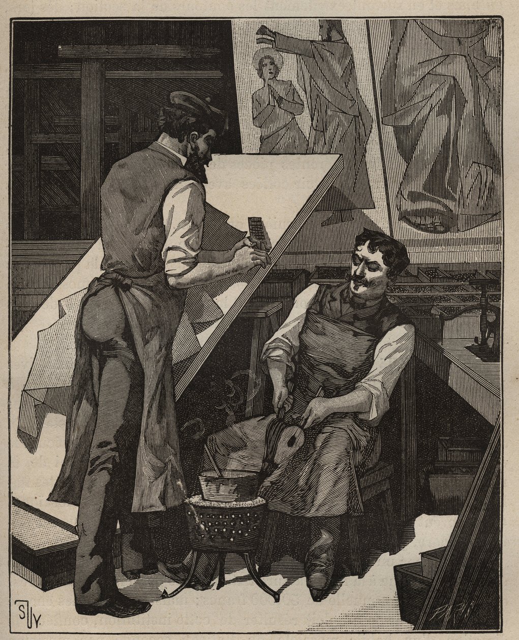 Mosaiken: mosaikverkstad. Gravyr från 1885 i "" Les arts et metiers illustres"" av Adolphe BITARD. av Unknown artist