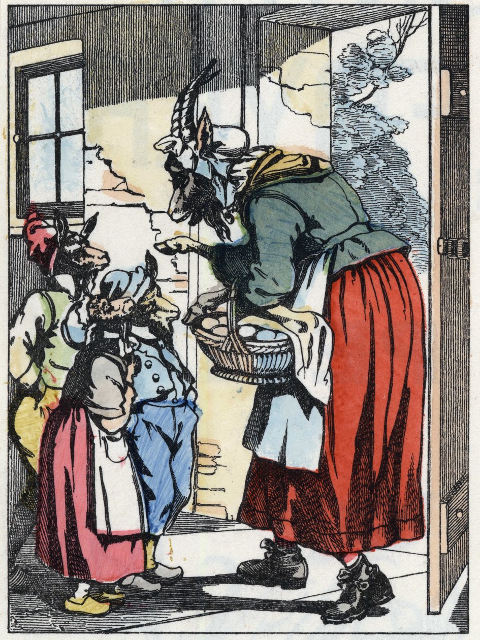 Getmodern ger sig av på promenaden och varnar sina biketter. Illustration av berättelsen "Compere le Loup, Maitre Renard, Comere la Chevre et ses petits biquets"" efter en fabel av Jean de la Fontaine. I "" Sagor från hemmet för de minsta"". Anonym e av Unknown artist