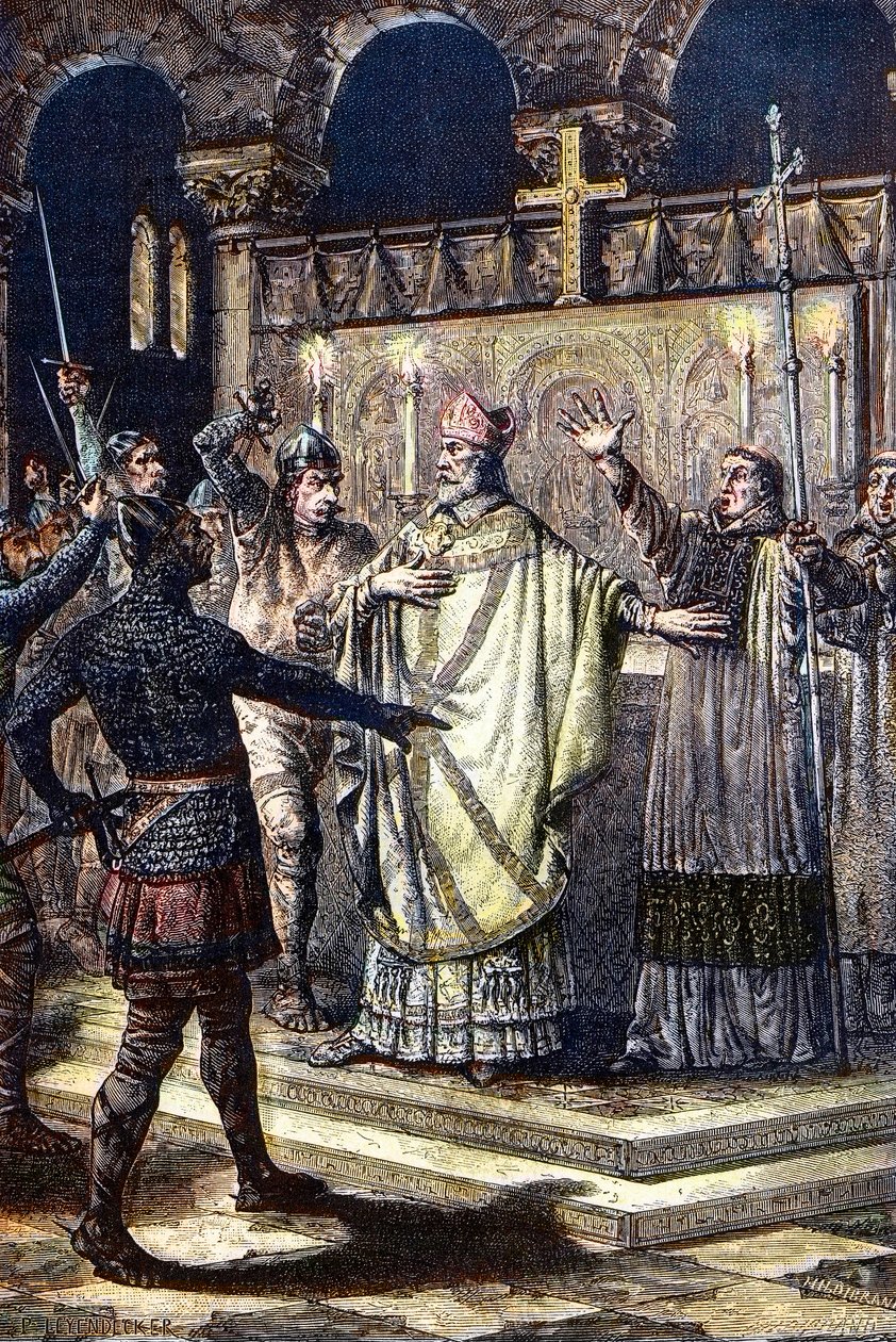 Mordet på St Thomas Becket vid Canterbury Cathedral, 29 december 1170, av riddare från kung Henrik II:s hov (Trästick av Unknown artist