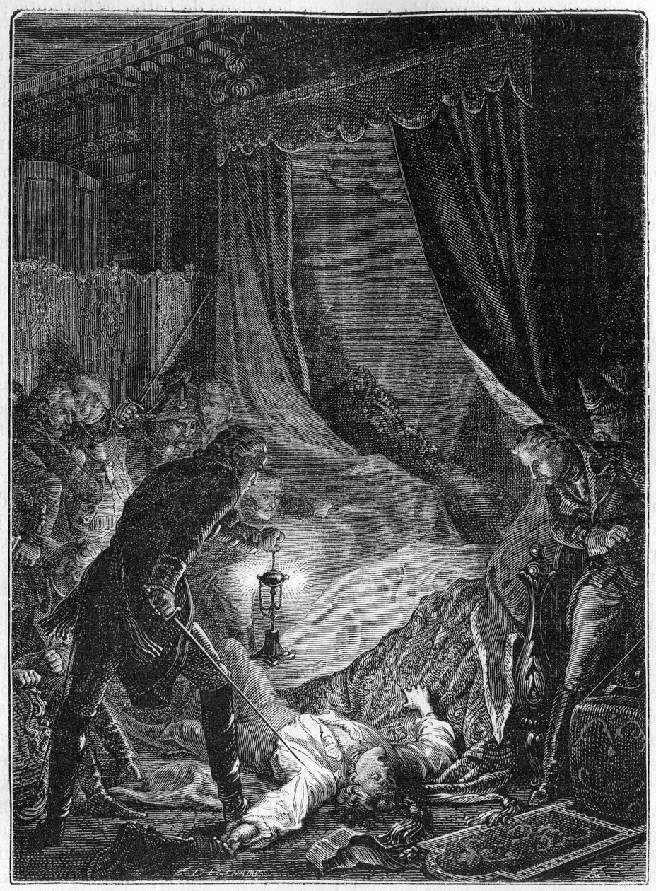 Mordet på tsar Paul I av Ryssland, mars 1801 - Illustration 1882-1884 - Mordet på Paul I Petrovich (1754-1801), rysk tsar, i hans rum på Sankt Mikaels palats efter att ha tvingats underteckna sin abdikation - Illustration 1882- 1884 av Unknown artist