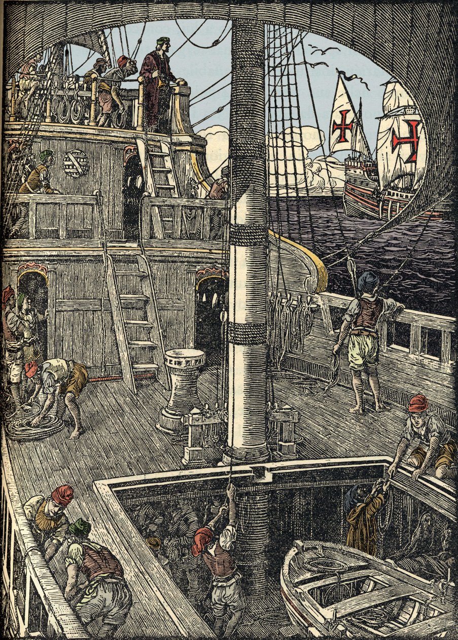Navigatören Christopher Columbus (1451-1506) ombord på sin karavel. av Unknown artist