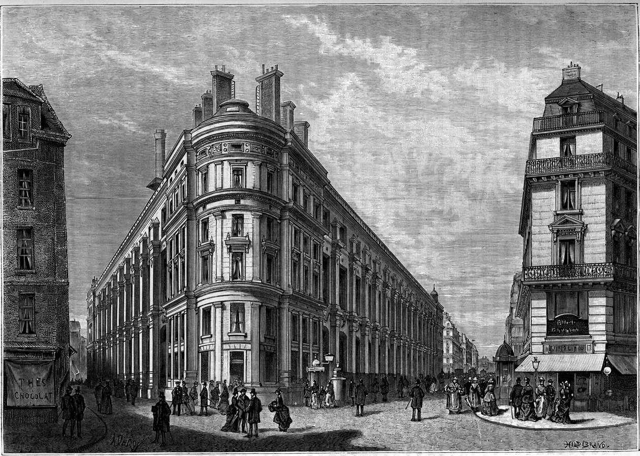 Det nya Hotel des Postes på Rue du Louvre i Paris efter dess återuppbyggnad. Gravyr i journalen ""Ungdom"" av Unknown artist