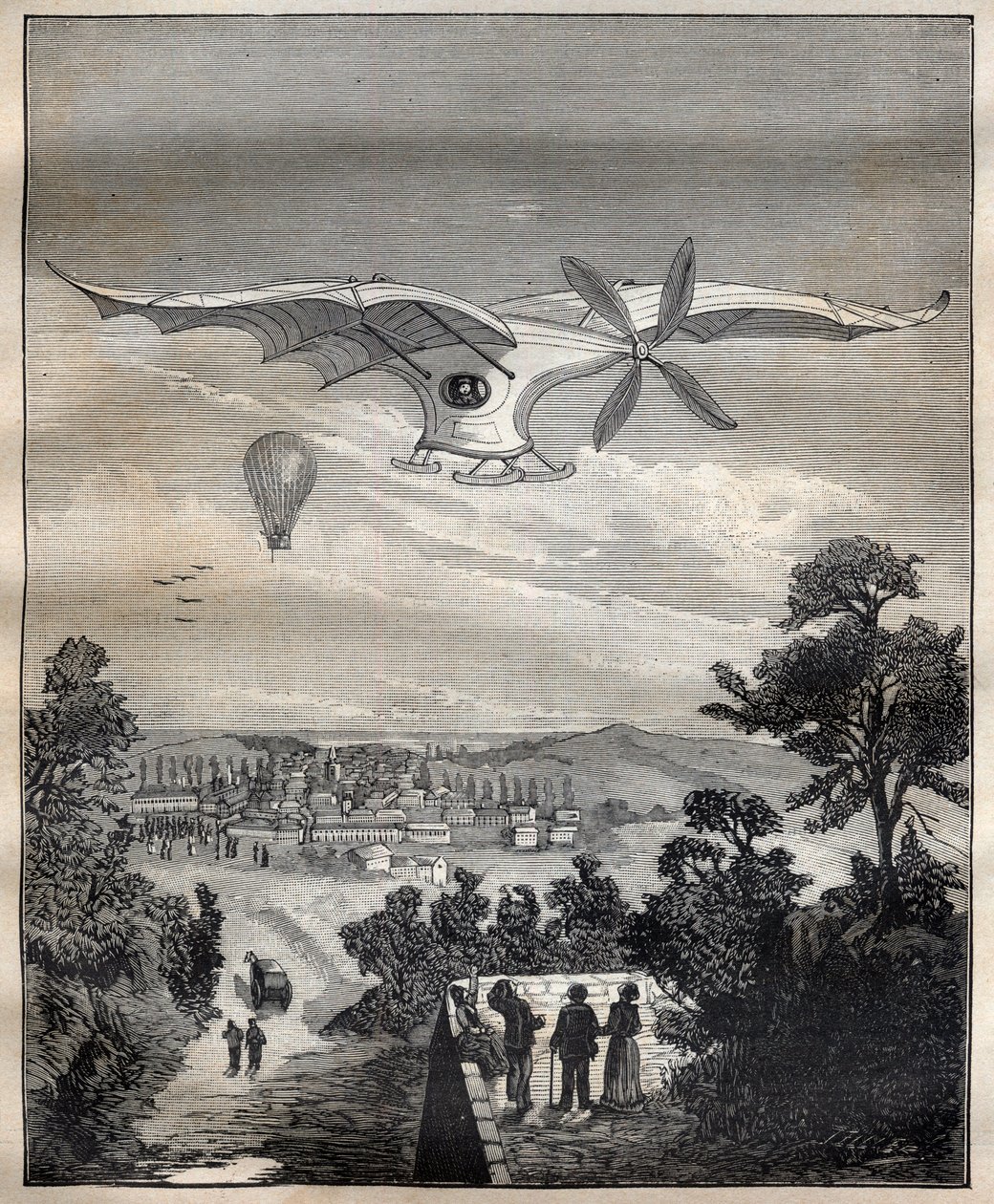 De nya aerostaterna: fågeln från Clement Ader (1841-1925), Eole, under ett experiment i parken Eugene Pereire nära Paris 1891, skulle den ha flugit 15 m över marken - Gravyr i "La Science francaise" av Unknown artist