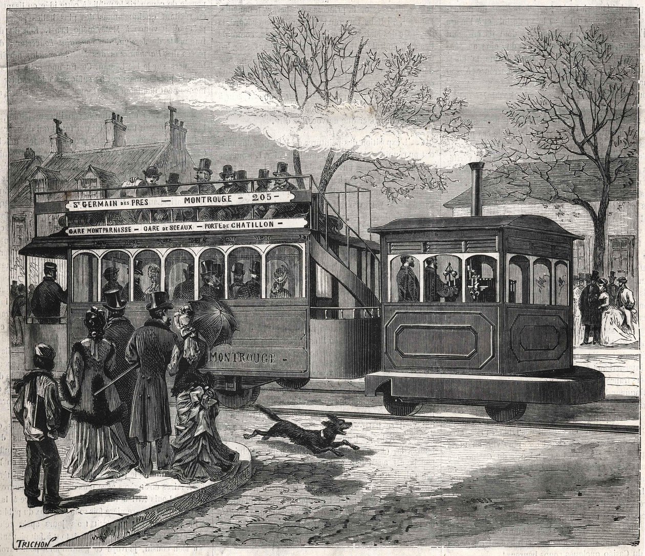 De nya ångspårvagnarna i Paris 1876 körde på linjen Saint - Germain - des - Prés vid dörren till Chatillon, gravyr Bianchetti samling. av Unknown artist