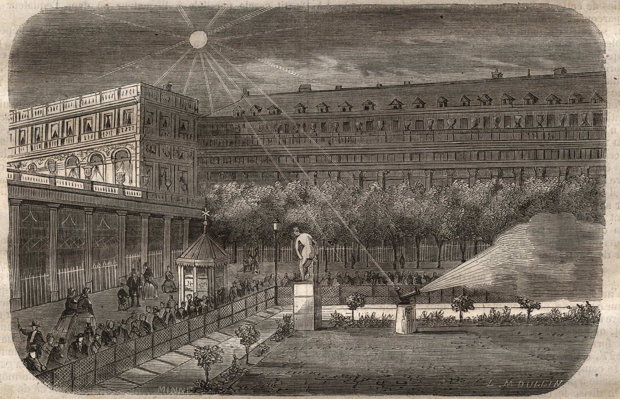 Middagspistolen (solkanonen) vid Palais Royal (Palais-Royal) i Paris. Gravyr från 1857 i "" Le Musee Des Sciences"" av Unknown artist