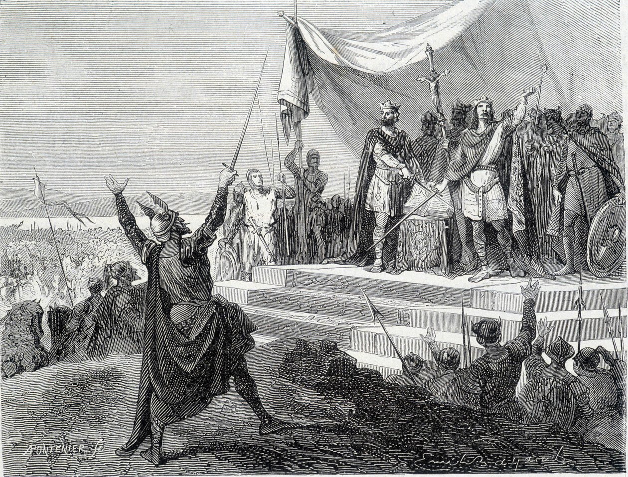 De två brödernas ed före deras rustning: Karl II den skallige och Ludvig II germanen avlägger eden mot Lothaire I (Ederna från Strasbourg 842). Gravyr av 1800-talet. av Unknown artist