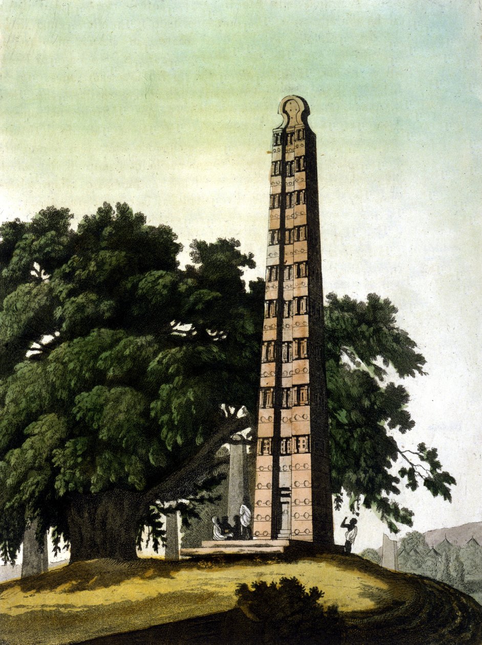 Obelisken i Axum (Aksoum) fördes till Rom av italienarna 1937. Il Costume antico e moderno, Jules Ferrario, Milano 1820. av Unknown artist