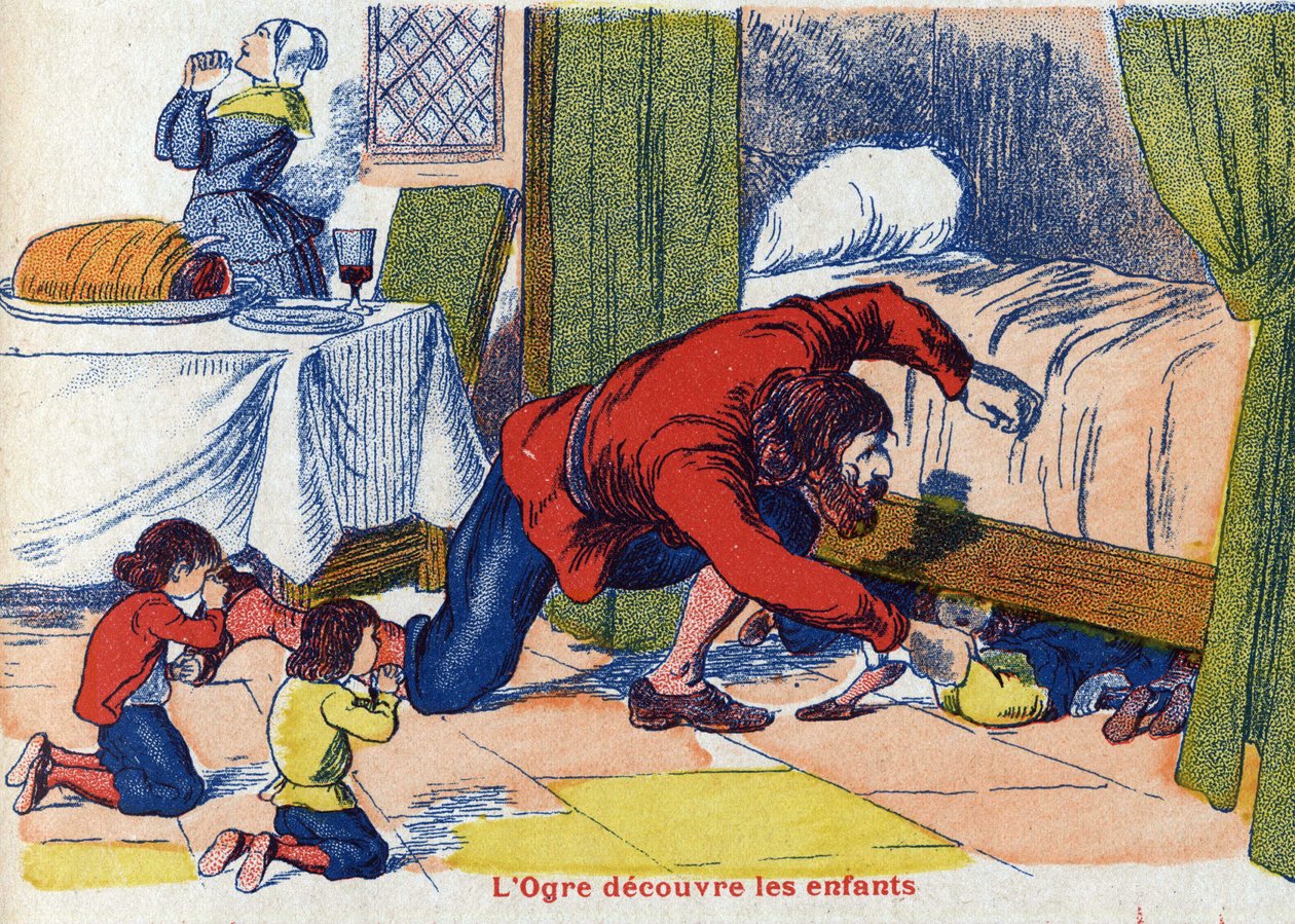 Ogren upptäcker barnen. Illustration till "" Le Pepetit poucet", berättelse av Charles Perrault (1628-1703), fransk författare. Anonym illustration. Bildmaterial Marcel Vagne, Jarville Nancy, odaterat (slutet av 1800-talet). av Unknown artist