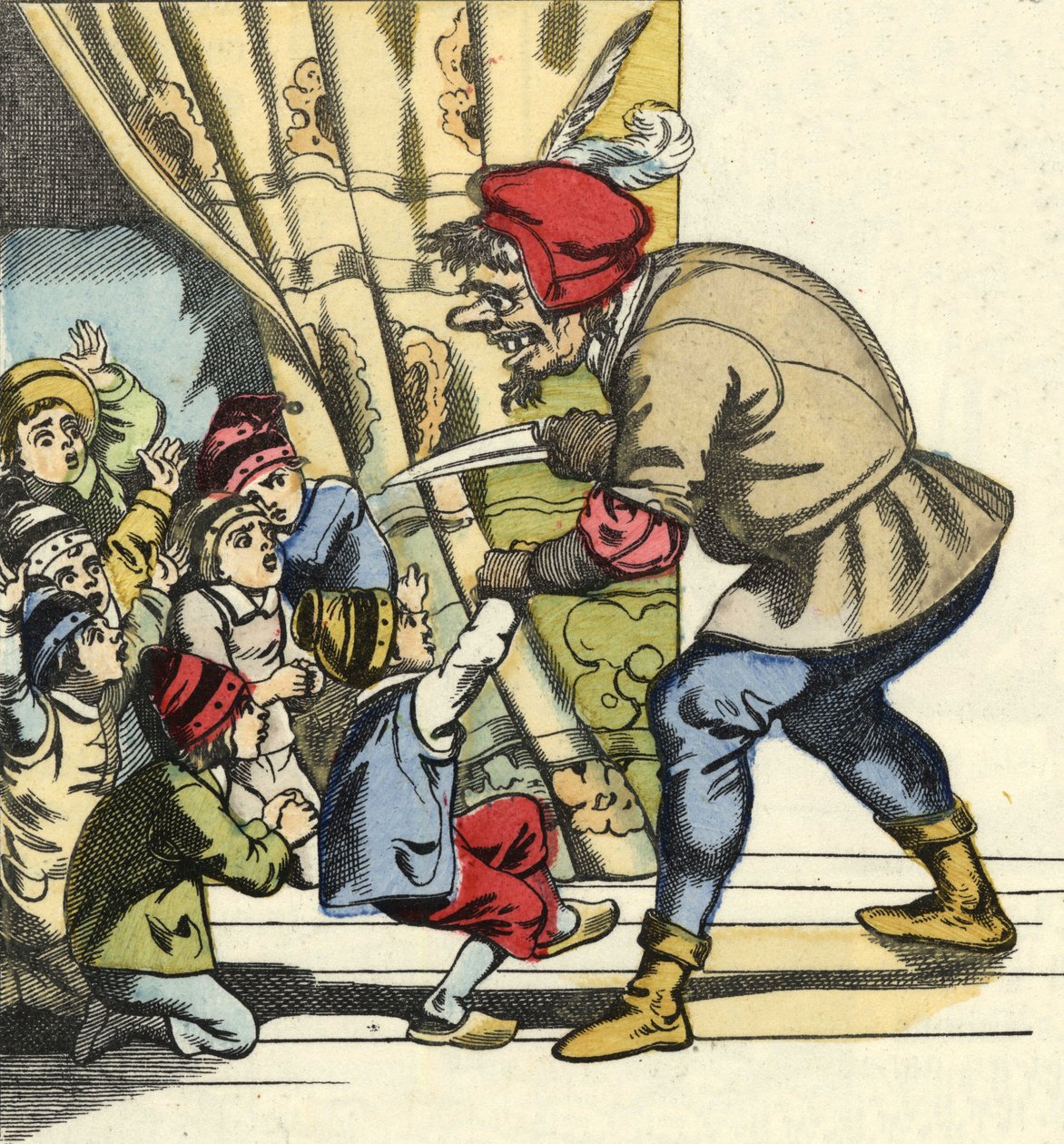 Ogren tar ett barn med avsikt att sluka henne. Illustration av berättelsen "" Le Pepetit Poucet"" av Charles Perrault av Unknown artist