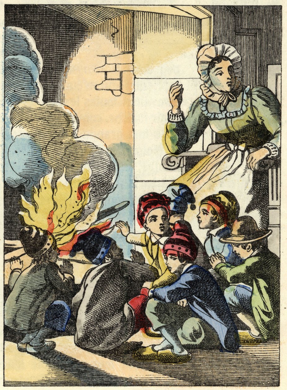 Ogres fru värmer Lilla Poucet och hans bröder med en eld. Illustration av berättelsen "" Le Pepetit Poucet"" av Charles Perrault av Unknown artist