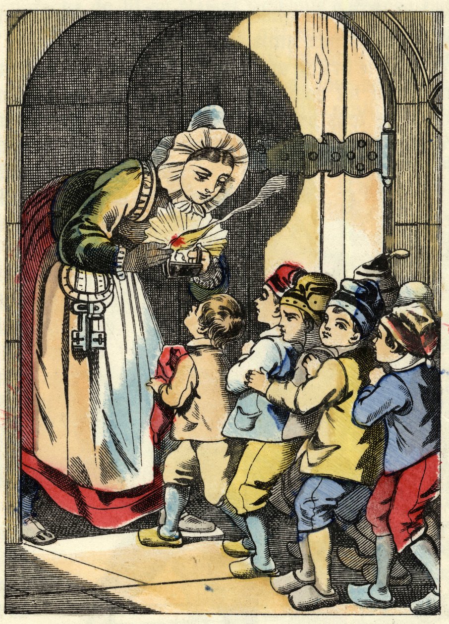 Ogrens fru öppnar dörren till den lilla fickan och hans bröder. Illustration av berättelsen "" Le Pepetit Poucet"" av Charles Perrault av Unknown artist