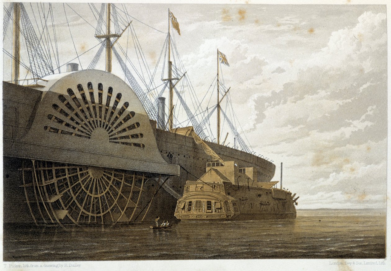 Den gamla fregatten med sin kabelfrakt längs med "" GreatEastern"" vid Sheerness - i "" The Atlantic telegraph"" av W. H. Russel, ca. 1860 av Unknown artist