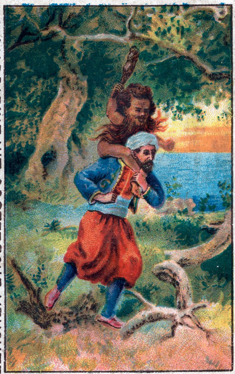 Havets gamle man. Sinbads (Sindbad) sjömannens underbara äventyr. Populär berättelse om 1001 nätter (tusen och en natt). Kromolitografi från slutet av 1800-talet. av Unknown artist