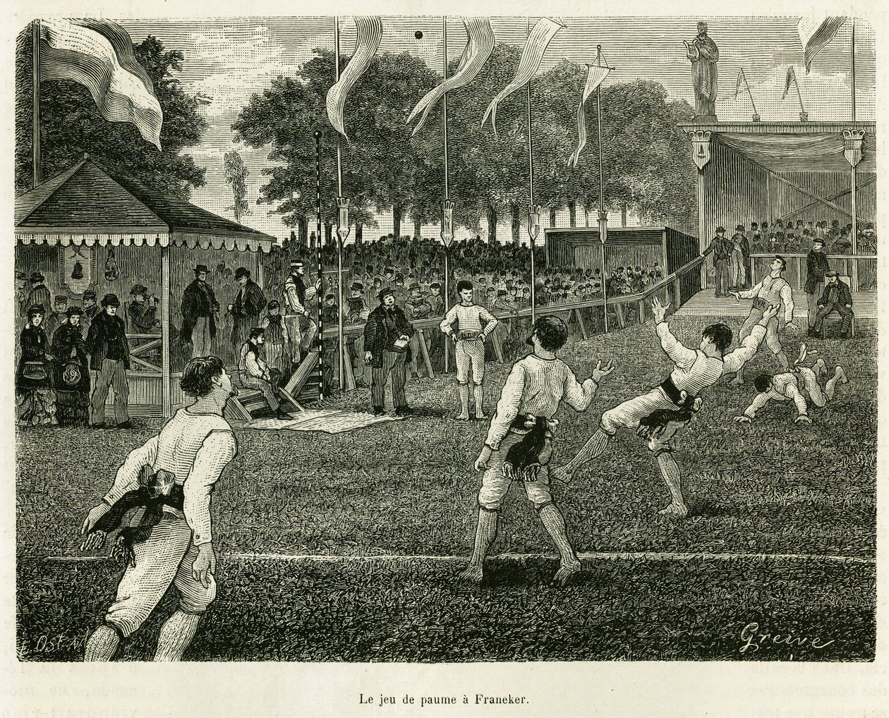 Palmspelet har Franeker (Nederländerna). Gravyr för att illustrera historien La Frise, baserad på ett förhållande från en holländsk tidning, i le tour du monde 1886, regisserad av Edouard Charton (1807-1890), Hachette, Paris. av Unknown artist