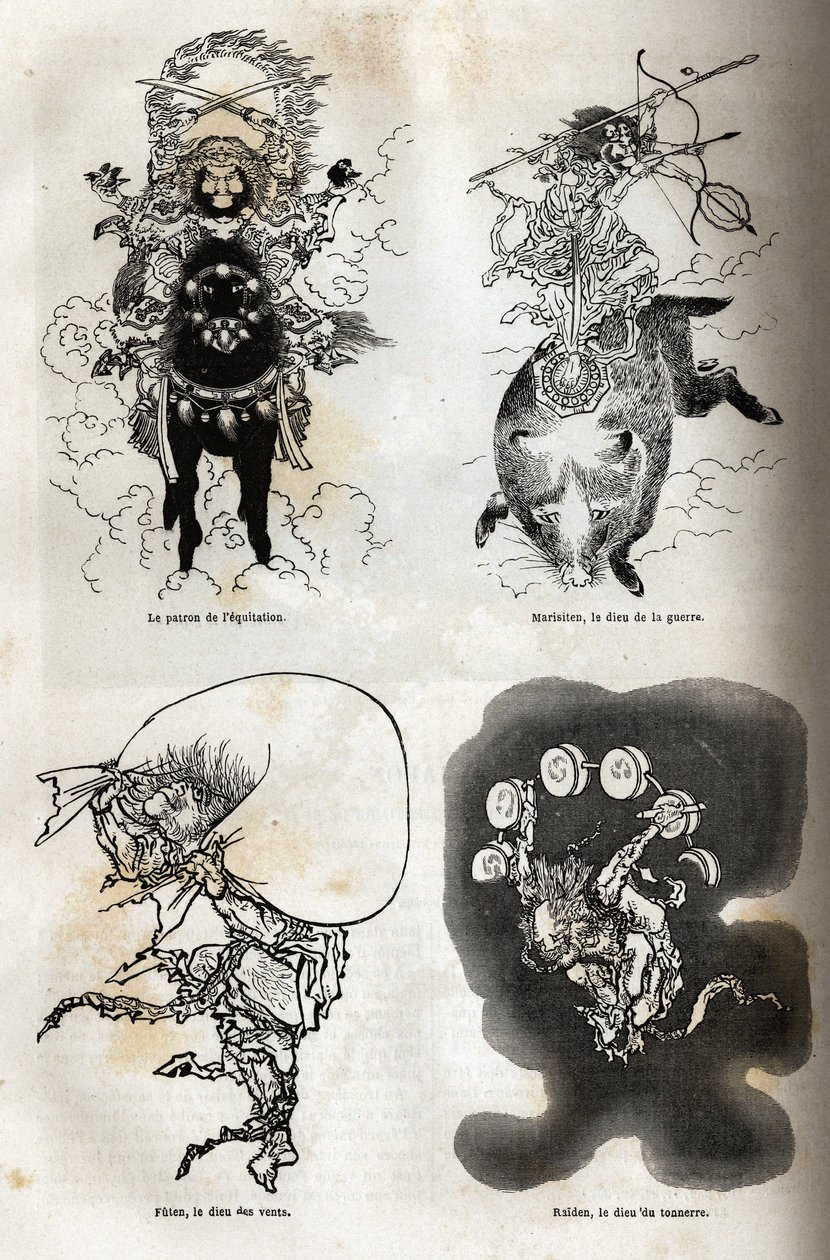 Pantheon av japanska gudomliga: traditionell representation av några typiska figurer: ridningens beskyddare; Marisiten, krigsguden; Futen, vindarnas gud; Raiden, åskguden. Gravyr för att illustrera resan till Japan 1863-1864, av av Unknown artist