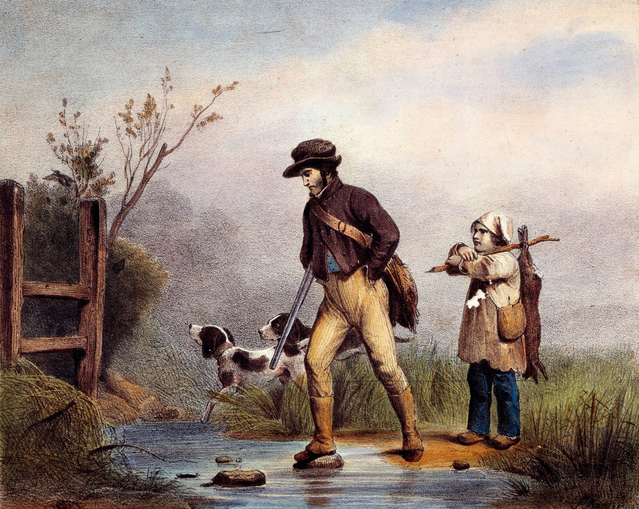 Passagen har jägare som korsar ett vattendrag till fots. Litografi av 1800-talets Gien, jaktmuseum av Unknown artist