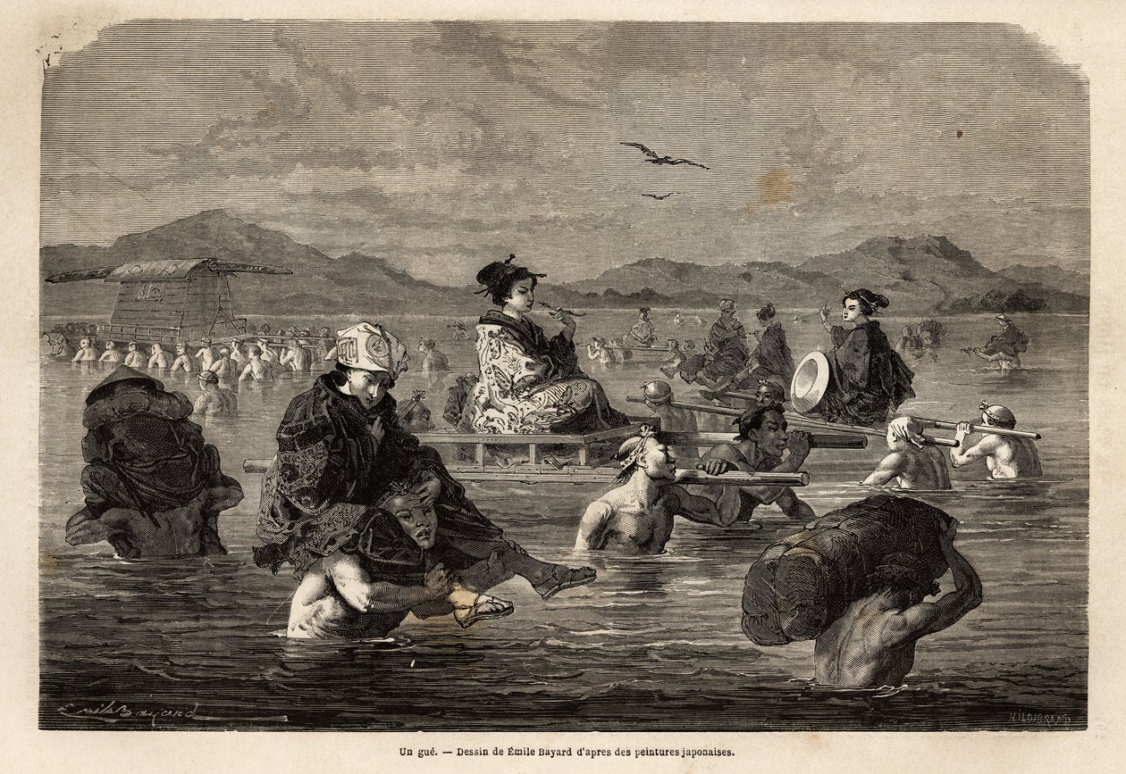 Passage av en gue, med presentation av sätten att transportera passagerare och bagage. Gravyr för att illustrera resan till Japan, 1863-1864, av Aime Humbert, minister för Schweiziska edsförbundet, i "" Le tour du monde, nouveau journal des voyages" av Unknown artist