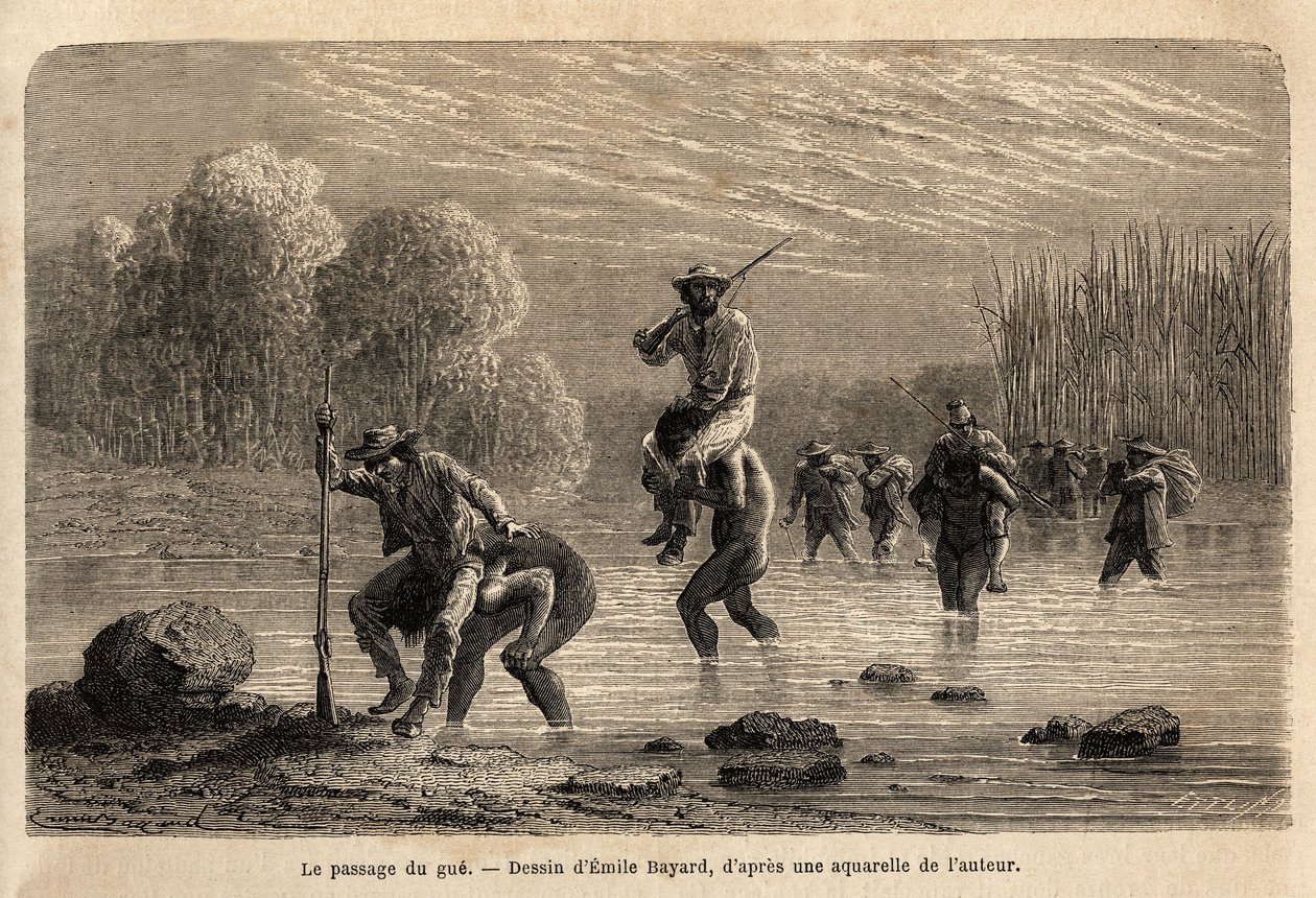 Passagen av gue, Siriniris-indianerna, föreslår spontant att de ska fortsätta expeditionens medlemmar för att få dem att korsa dammarna som bildas vid foten av berget Basiri (Peru). Gravyr för illustrrer le voyage dans les vall av Unknown artist