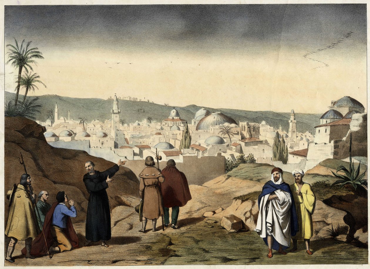Pelerinerna anländer till staden Jerusalem. Anonym gravyr från mitten av 1800-talet - i "" Stora familjekatekesen"". av Unknown artist