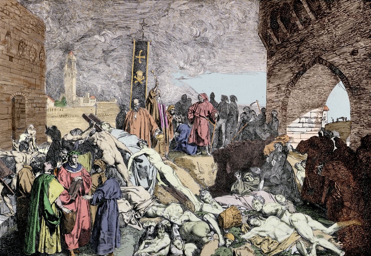 Pesten 1348 i Florens (Italien). Längst ner till vänster, med en krans av Laurier, pratar Petrarch, italiensk poet och renässanshumanist, med andra människor. av Unknown artist