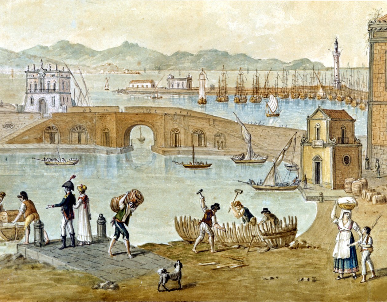 Hamnen i Neapel och Santa Lucia runt 1800: resenärer förbereder sig för att lämna och snickare bygger en båt. Vattenfärg. av Unknown artist