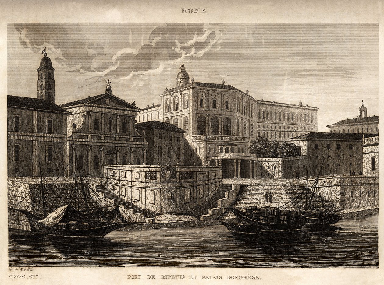 Hamnen i Ripetta och Borghese-palatset i Rom, gravyr av Ch. de Vene, i "" Picturesque Italy", Amable Coste-redaktör, Paris av Unknown artist