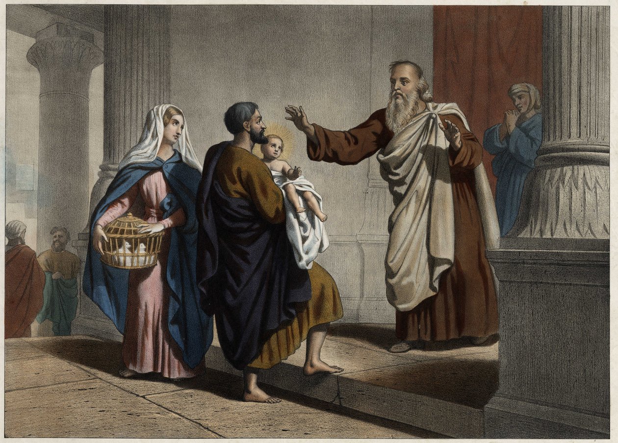 Presentationen av Kristus i templet. Anonym gravyr från mitten av 1800-talet. av Unknown artist