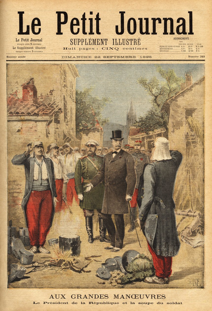 Republikens president, Felix Faure (1841-1899), besöker trupperna i Langres under de stora manövrarna och traditionen för alla besökare, han smakar på soldatens soppa. Gravyr i "" Le petit journal"" 1895-09-22. Selvas samling. av Unknown artist