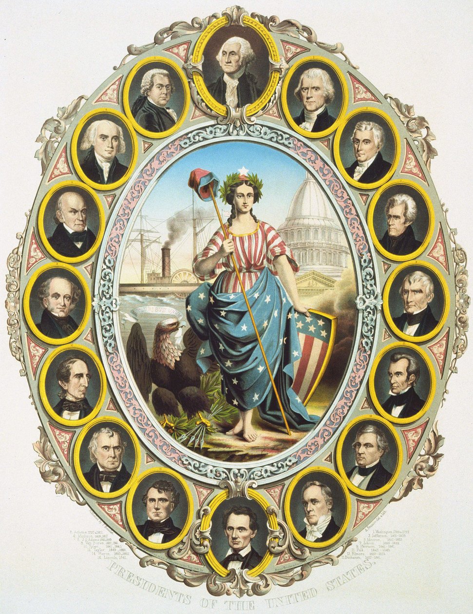 USA:s presidenter med Amerikas symbol i mitten. Upp, Washington och ner Abraham Lincoln. Affisch publicerad vid invigningen av Lincolns presidentskap 1861. Gravyr 1861. av Unknown artist