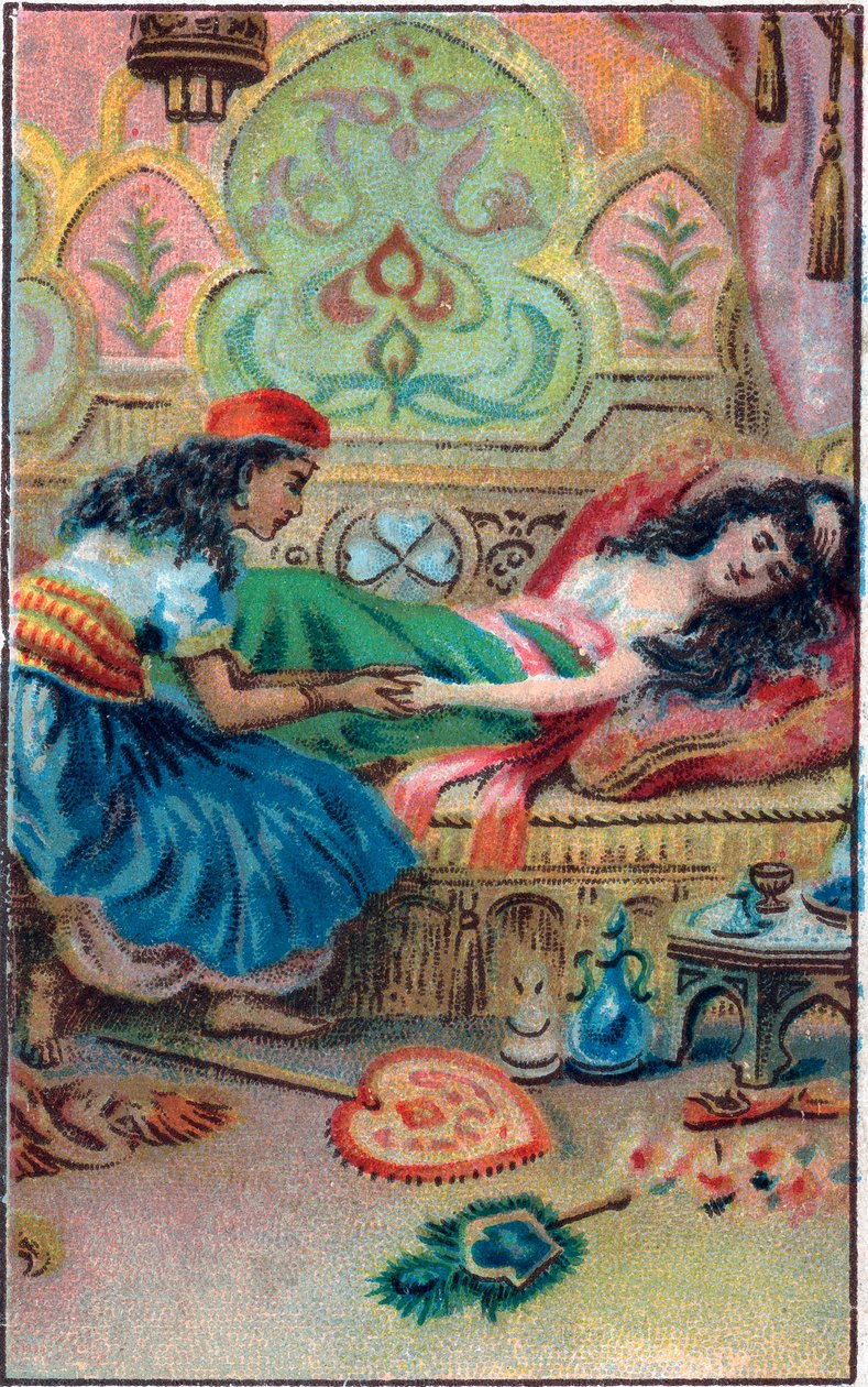 Prinsessfakta. Saga "" Berättelsen om den förtrollade hästen"" i "De tusen och en natt" (de 1001 nätterna eller Le mille e una notte, Arabiska nätter). Kromolitografi från slutet av 1800-talet. av Unknown artist