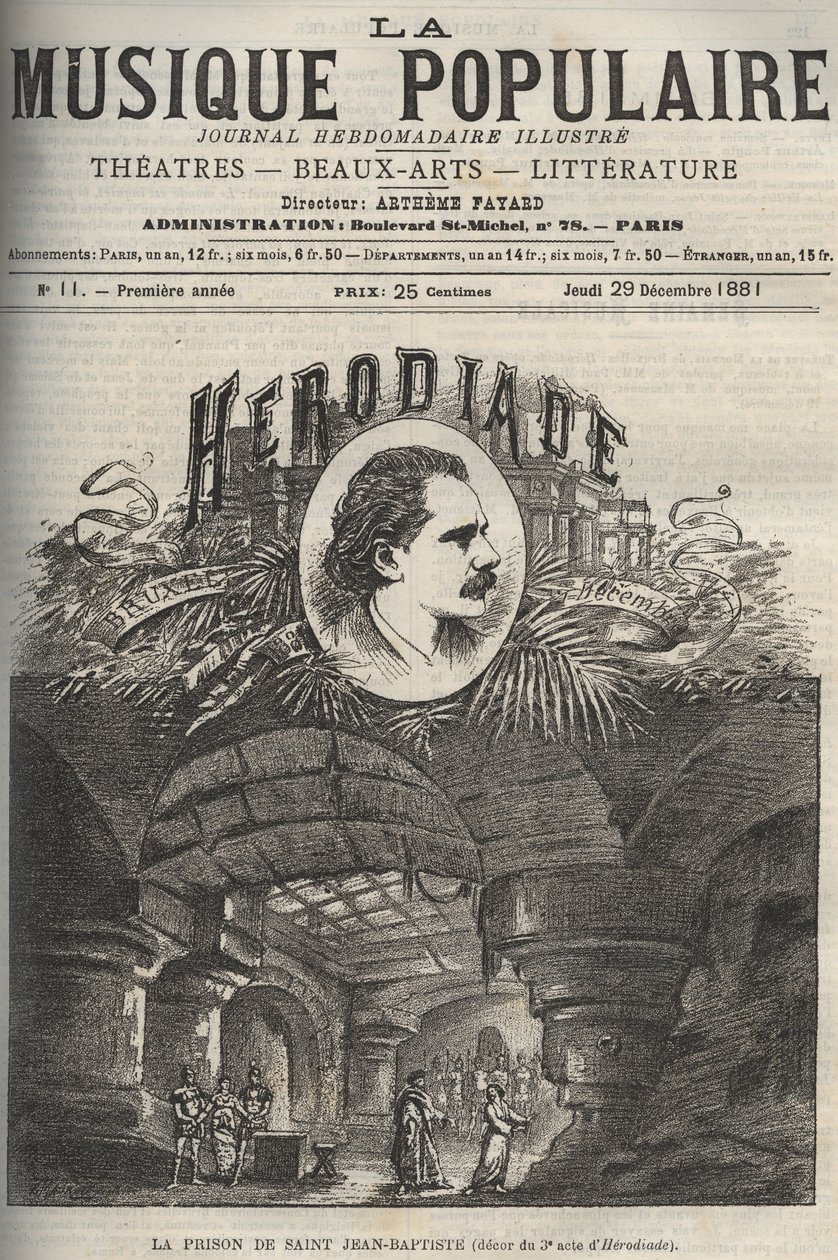 Johannes Döparens fängelse - dekor av 3:e akten av "Herodiade", opera i fyra akter och sju målningar av Jules Massenet, på ett libretto av Paul Milliet och Henri Gremont - gravyr i "La musique populaire"" illustrerad veckotidning - 1882 av Unknown artist