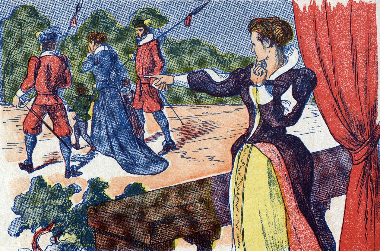 Drottningmodern har drottningen och hennes barn inlåsta. Anonym illustration för "La belle au bois dormant", berättelse av Charles Perrault (1628-1703), fransk författare. Bildmaterial Marcel Vagne, Jarville Nancy, odaterat (slutet av 1800-talet). av Unknown artist