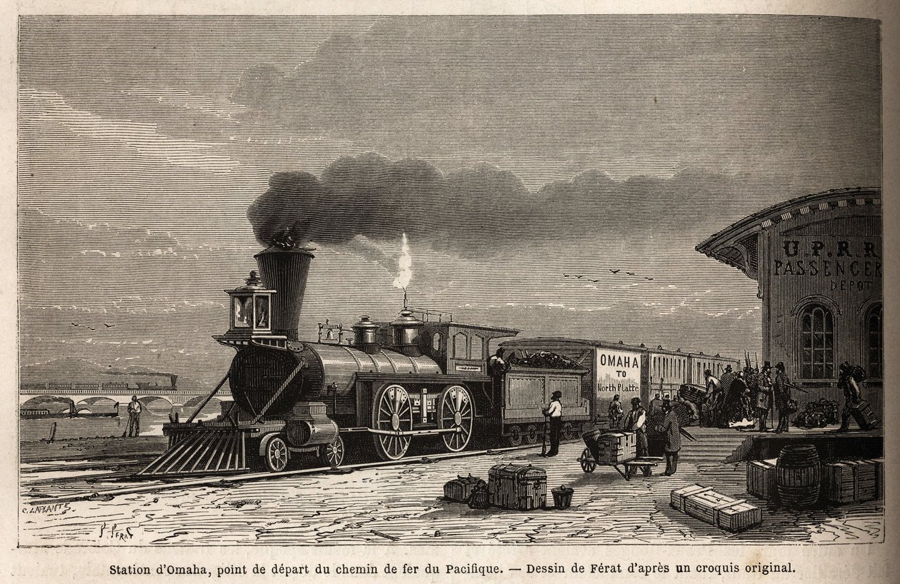 Järnvägen har Omaha Station (Nebraska), startpunkten för de linjer som leder till Stilla havet. Gravyr för illustration av resan till amerikanska fjärran västern, av M. L. Simonin, 1867, publicerad i "Le tour du monde, nouveau journal des voyages", rediger av Unknown artist